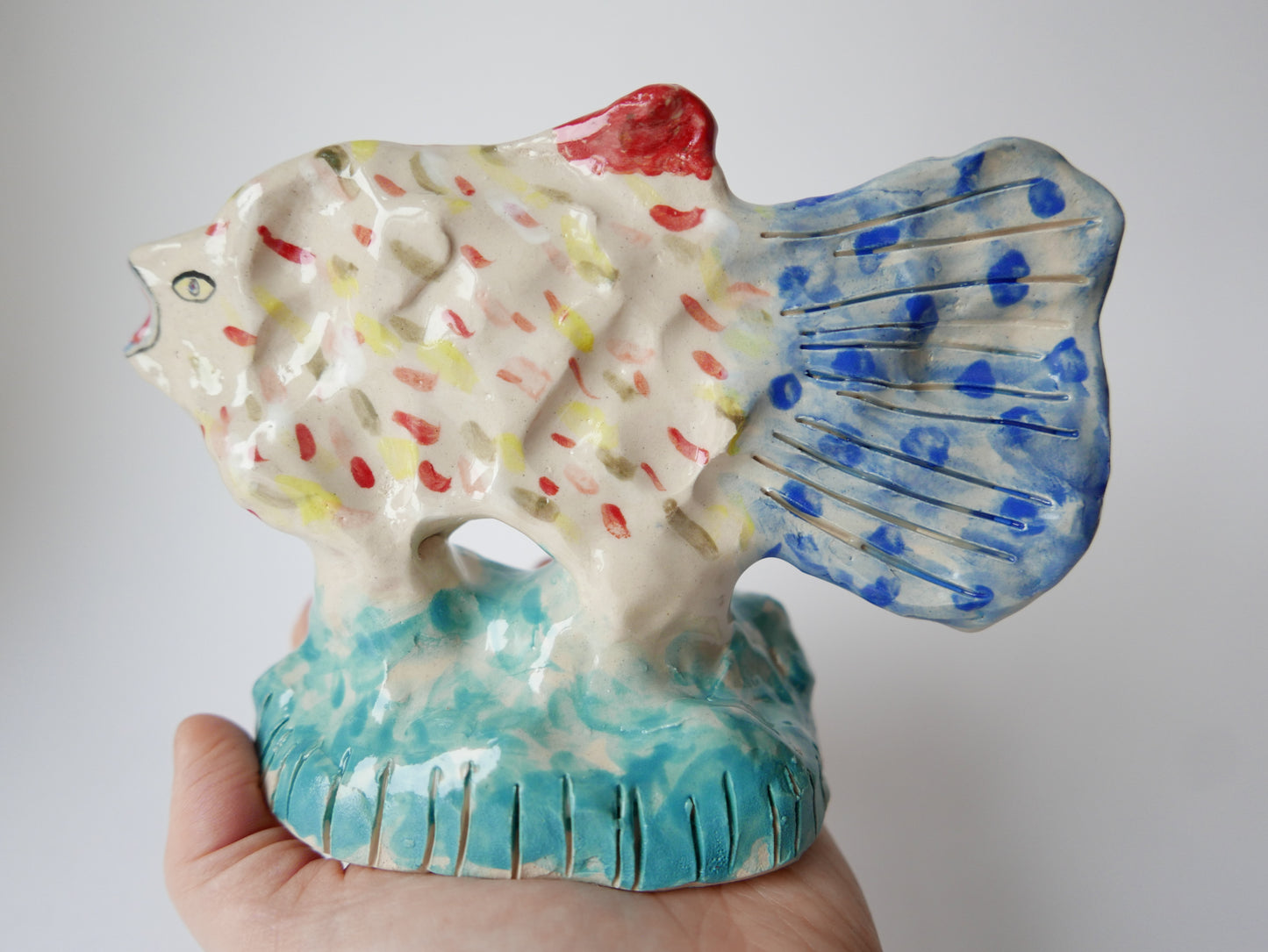 Big Posh Fish on a Turquoise Sea - Faye Moorhouse ceramic sculpture