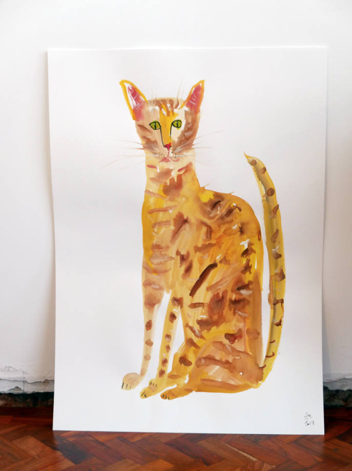 Original Faye Moorhouse painting - YELLOW CAT- free worldwide shipping