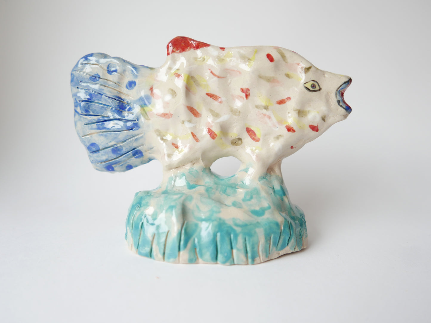 Big Posh Fish on a Turquoise Sea - Faye Moorhouse ceramic sculpture