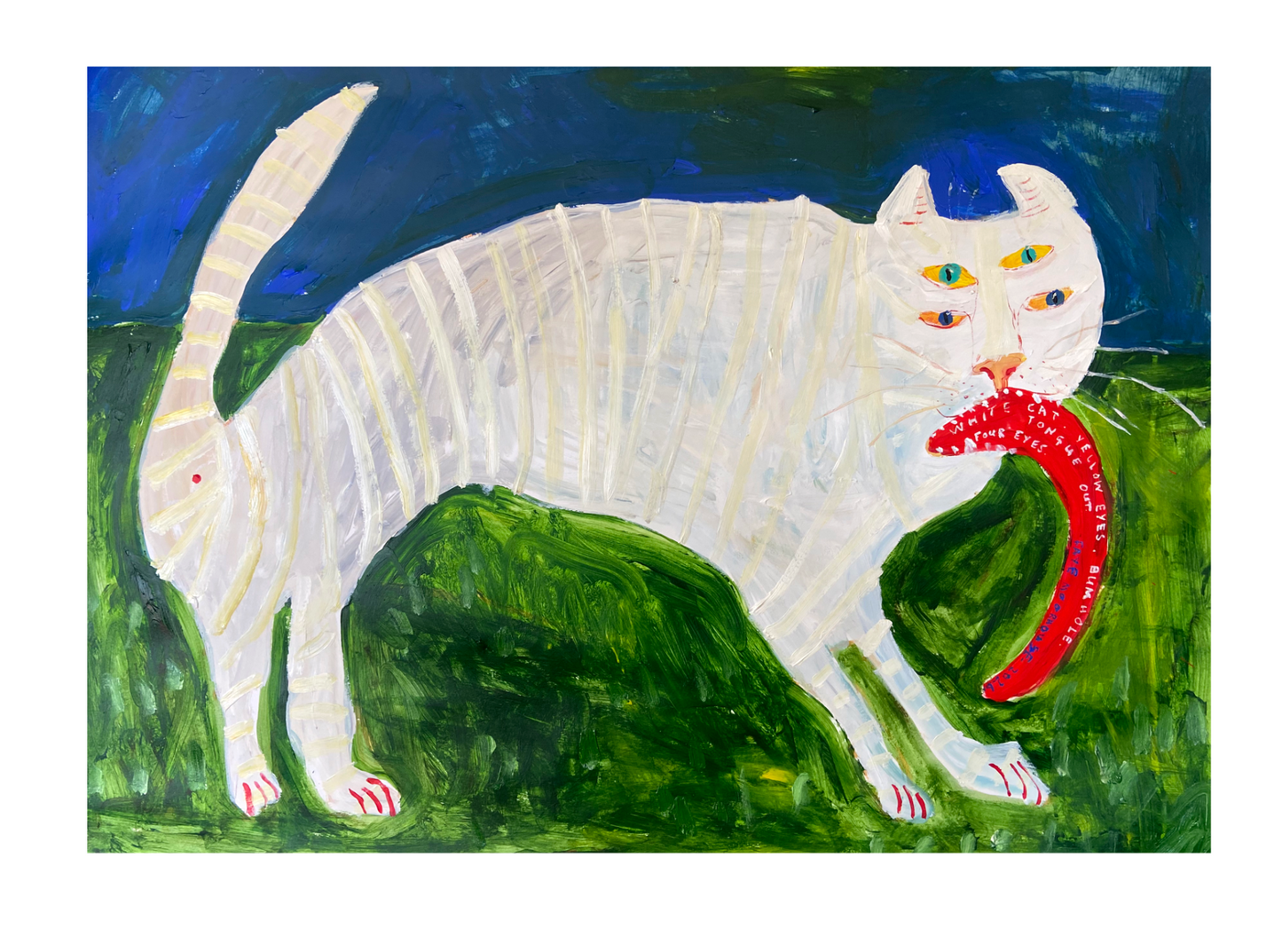 White Cat. Yellow Eyes. Bumhole. Tongue Out. Four Eyes.
