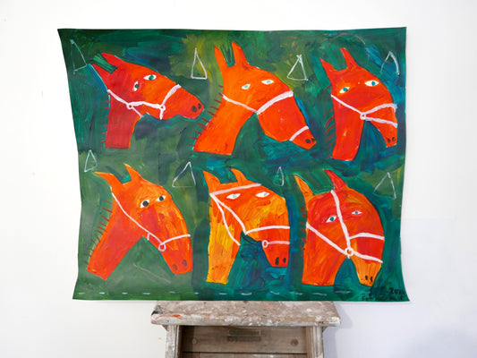 ORANGE HORSES ON GREEN