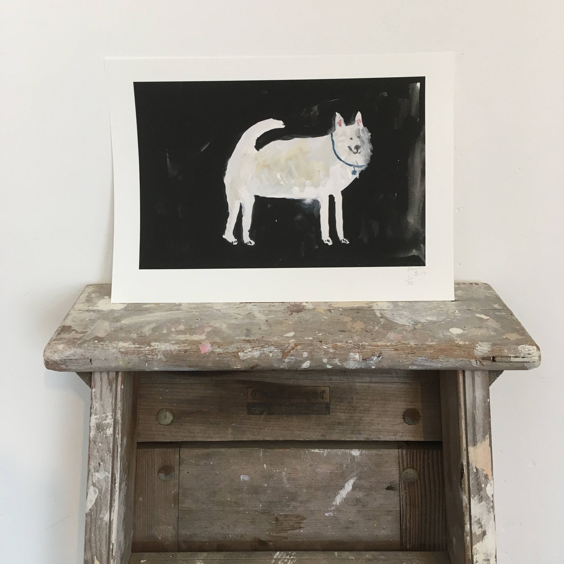 Limited Edition Hand Finished Art Print || A White Dog at Midnight || FAYE MOORHOUSE
