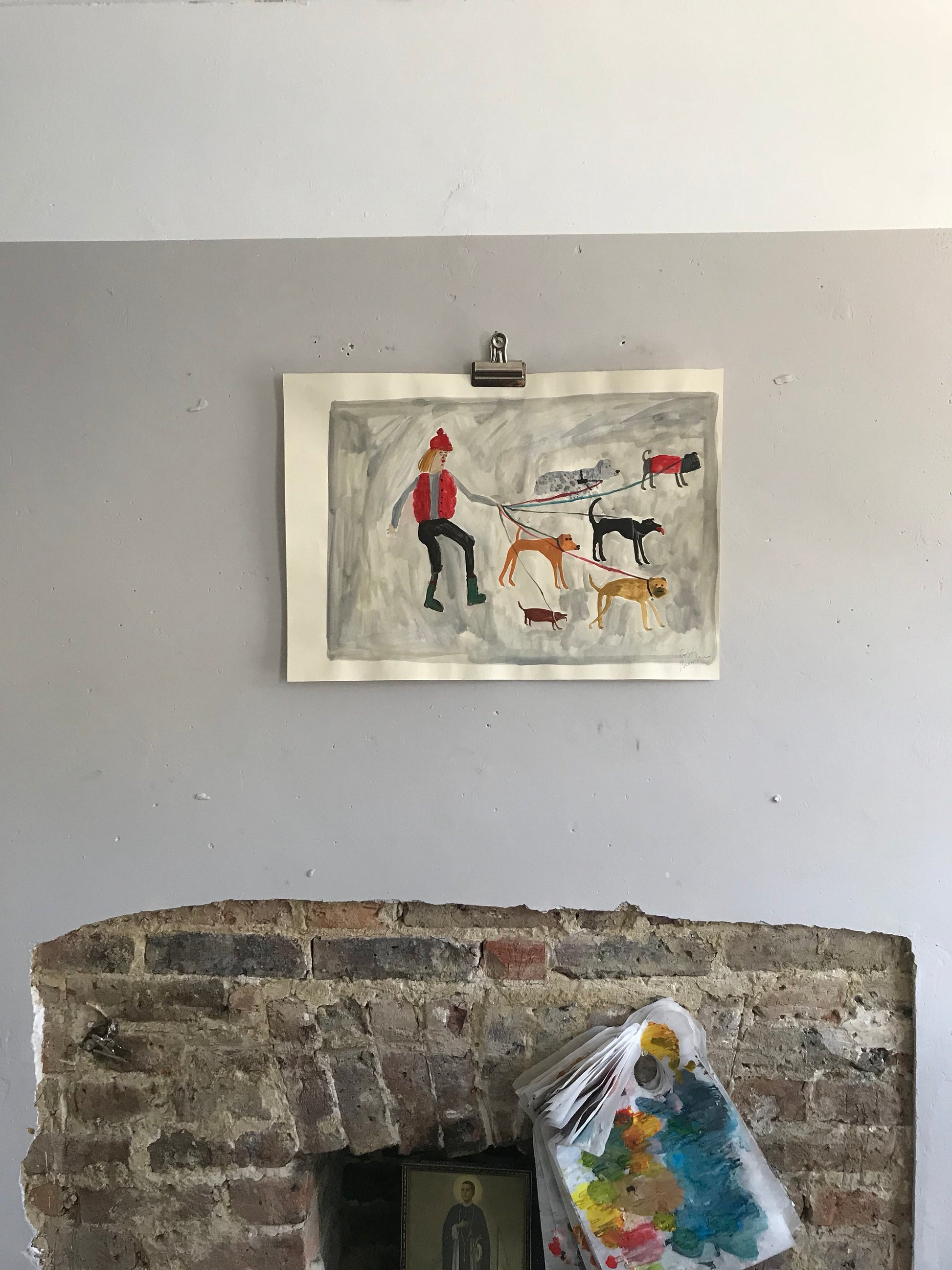 Women and their dogs - walking with friends | original Faye Moorhouse painting
