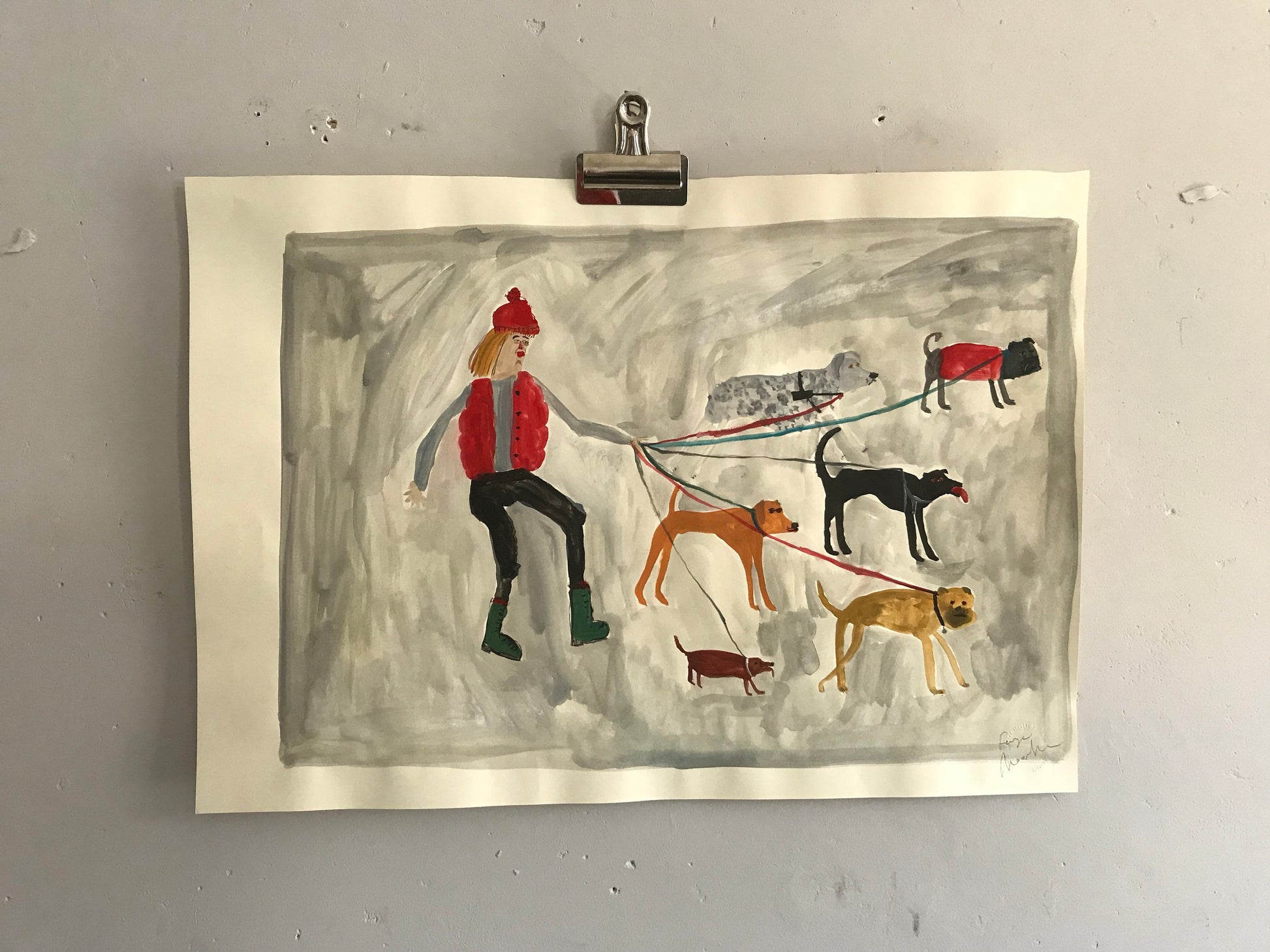 Women and their dogs - walking with friends | original Faye Moorhouse painting